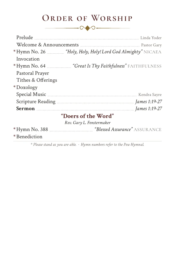 The same order of worship rebuilt in the traditional style with hymn titles and numbers