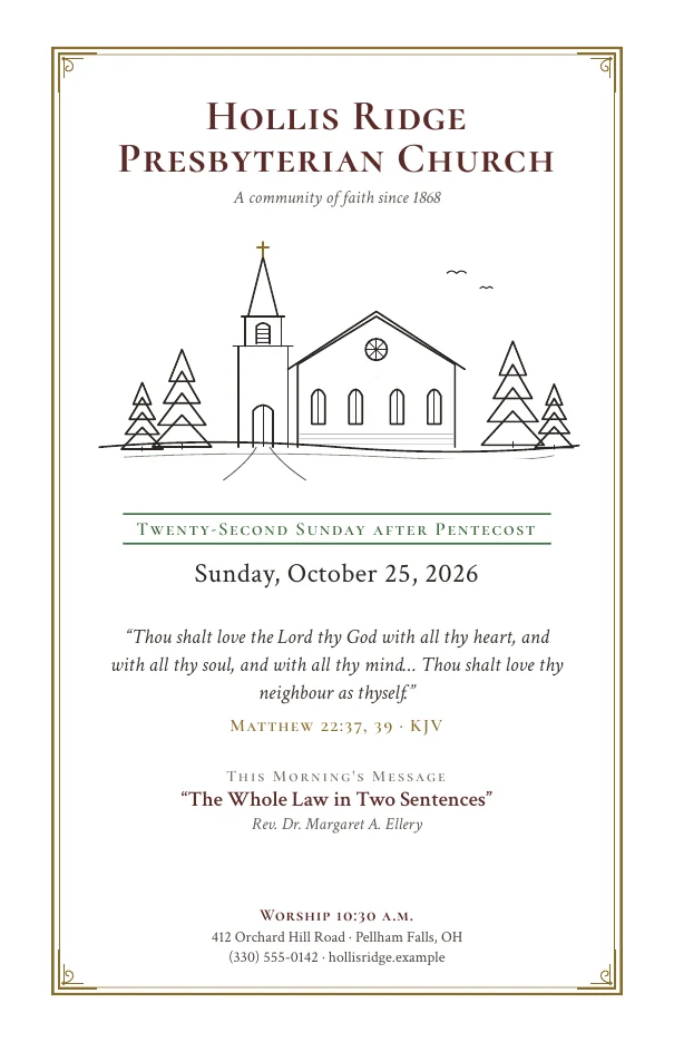 Traditional bulletin cover with a church drawing, the Sunday's name, date, and cover verse