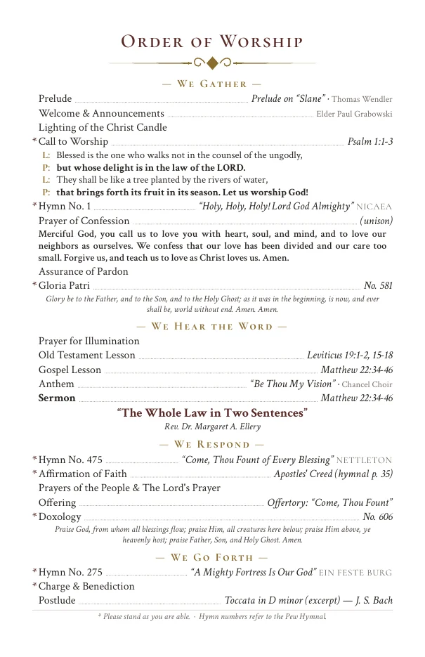 Traditional order of worship with hymn numbers and leader names